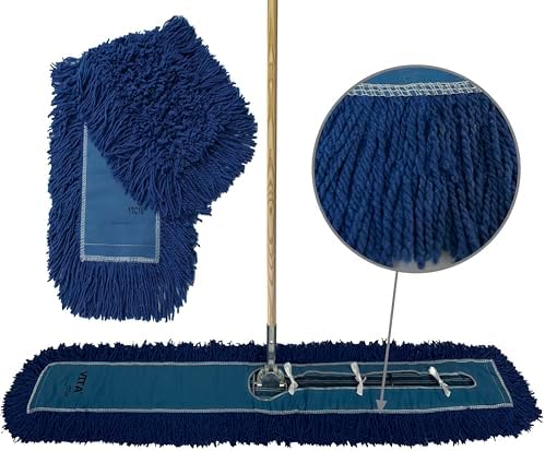 Industrial Dust Mop Kit – Includes 60 Inch Blue Twisted Closed Loop Mop Head, Wood Handle, and Heavy-Duty Wire Frame – Commercial Grade for Janitorial & Facility Cleaning by Direct+Mop+Sales