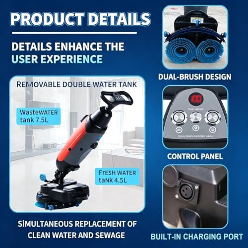 17" Commercial Floor Buffer Machine, Battery Powered Floor Scrubber With 350 RPM And 2.3 Gal Tank, Dual Brush Heads, 13000 Sqft Per Hour, 360 Degree Rotation For Hard Floors - Image 5