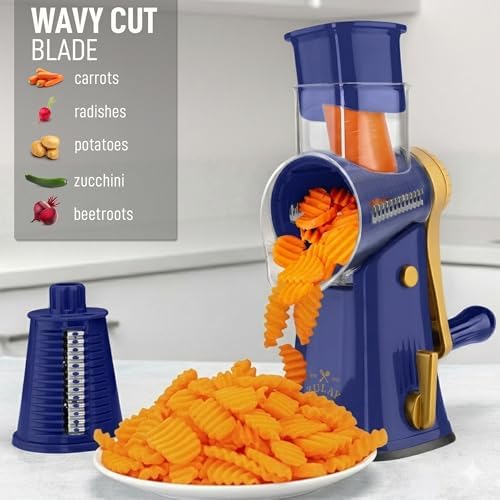 Rotary Cheese Grater Manual Hand Crank 5 Blade Shredder, Blue & Gold - Image 4