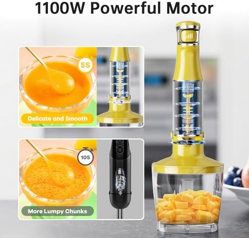 Turelar Immersion Blender Handheld Corded Hand Blenders Set 1100W, Trigger Variable Speed 5 in 1 Stick Emulsifier with Chopper, Whisk and Frother for Soup, Baby Food and Smoothies, Yellow - Image 2
