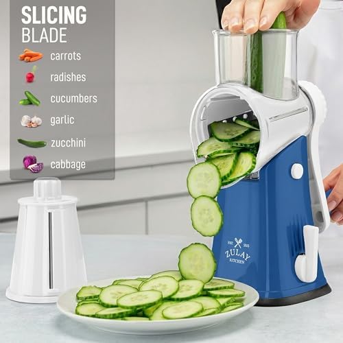 Rotary Cheese Grater Manual Hand Crank 5 Blade Shredder, Blue & White - Image 5