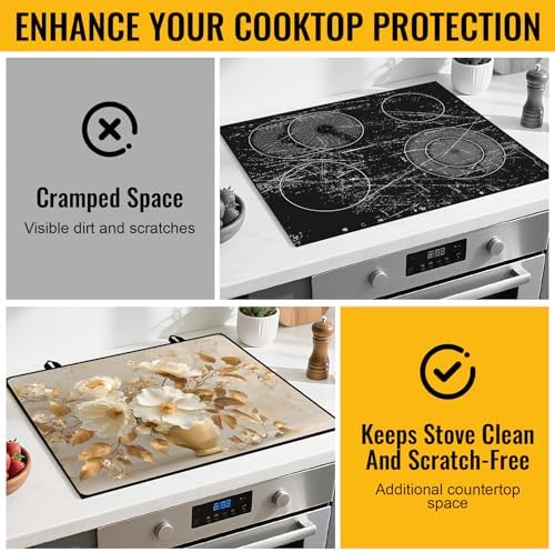 NYZE Gold Leaves & Cream Floral Stove Top Cover for Electric/Glass Stove, Flat Top Cooktop Protector, Electric Cooktop Cover, Extra Counter Space for Kitchen - Image 5