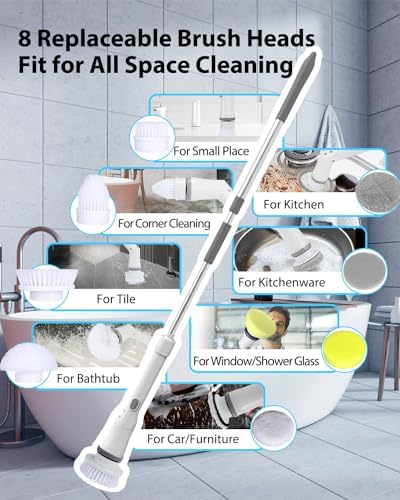 UBeesize Electric Spin Scrubber,Long Cordless Cleaning Brush,Rotatable Shower Scrubber with 8 Replaceable Heads,Adjustable Detachable Handle Bathroom Scrubber for Bathtub,Tile,Floor and Car Cleaning - Image 4