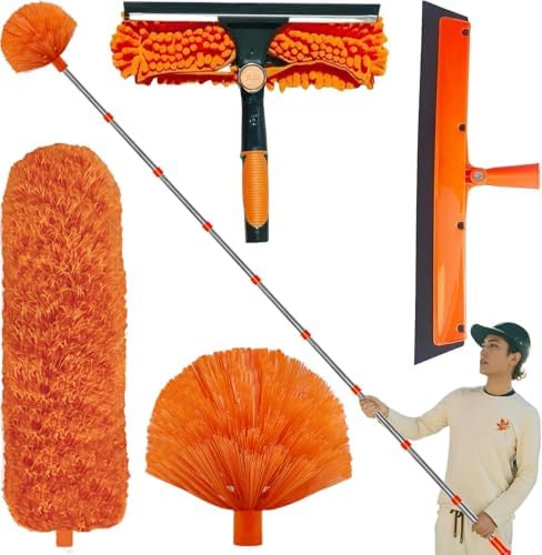 20+ Feet High Reach Duster Kit with 3-14 ft Extension Pole High Ceiling Dusting and Window Cleaning Kit with Spliceable Pole - Window Washer & Squeegee, Cobweb Duster, Fan Blade and Feather Dusters by BetterproductsBetterlife