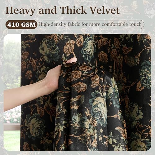 StangH Vintage 100% Blackout Black Floral Velvet Curtains 84 Inch 2 Panels - Image 2