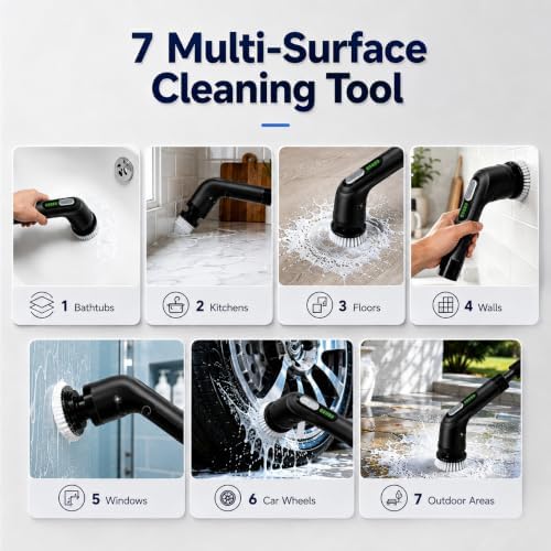 Highyes Electric Spin Scrubber for Bathroom, IPX7 Waterproof Shower Scrubber with Extendable Long Handle, Bathroom Cleaning Scrubber with 7 Reusable Brush Heads (Black) - Image 7