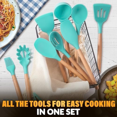 12 Pcs Cooking Kitchen Accessories Set with Holder, Silicone Heads (Teal) - Image 5