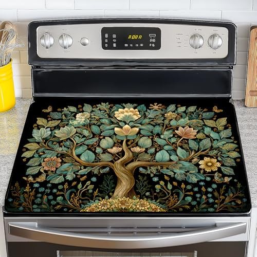 NYZE Stove Top Cover for Electric Stove 28x20 Inch Silicone Stove Topper & Protector, Decorative Kitchen Mat for Electric/Glass Stove Top (Teal & Gold Floral Tree) by GIVEYOUTHEBEST
