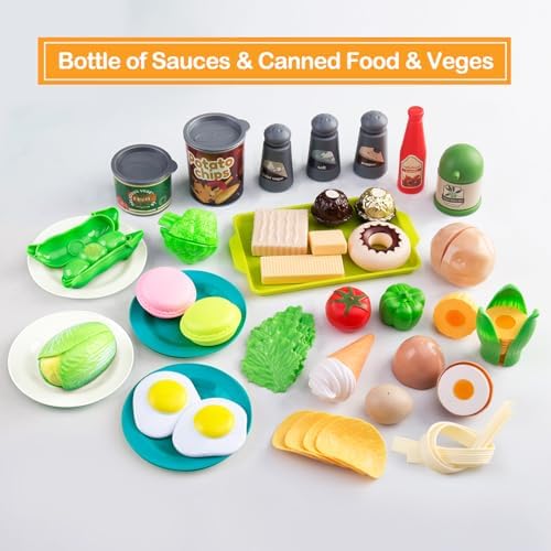 150Pcs Kitchen Playset, Toddlers Pretend Cooking Cookware Accessories, Food, Picnic Blanket, Fruits, Veges, 2Pack Shopping Storage Basket, Dessert and Prop Money, Gift for Kids (Turquoise) - Image 5