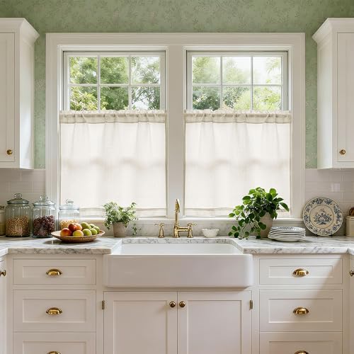 Natural Linen Cafe Short Curtains 30 Inch Length 2 Panels Semi Sheer - Image 3