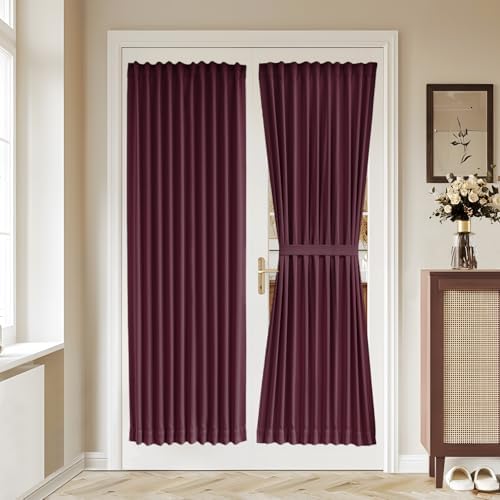 Vatge Self Adhesive Burgundy Red French Door Curtains - No Drill Rodless Blackout Panels for Sliding Glass Doors, 1 Panel, W36 x L72, Burgundy by Vatge