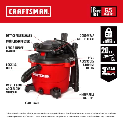 CRAFTSMAN CMXEVBE17607 16 Gal. 6.5 Peak HP Wet Dry Vac with Detach Blower - Image 2