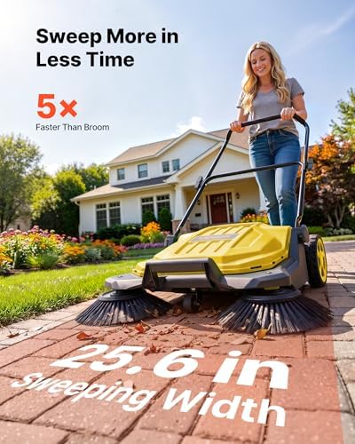 VEVOR Walk-Behind Hand Push Floor Sweeper, Manual Floor Sweeper Non-Electric with 25.6" Sweeping Width, 5 Gallons Waste Container & Adjustable Folding Handle for Yards Walkways Patios Garages - Yellow - Image 2