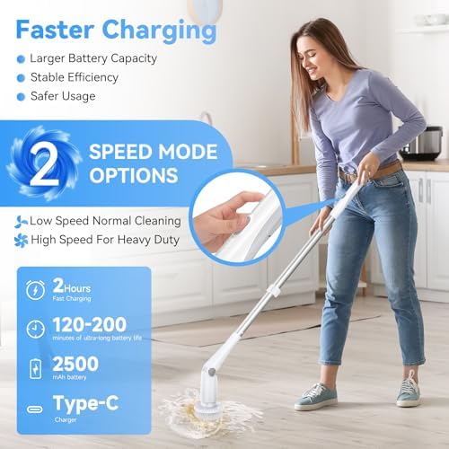 Electric Spin Scrubber, Cordless Cleaning Brush with 8 Replaceable Cleaner Brush, Power Shower Scrubber with Long Handle, Electric Scrubber for Cleaning Floor Bathroom Bathtub Tile - Image 3