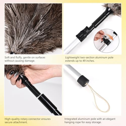 Extendable Ostrich Feather Duster 26-49 Inch, Natural Cleaning Duster with Aluminum Extension Pole Reusable for High Ceilings, Fans, Blinds, Furniture, Interior & Roof Dusting - Image 3