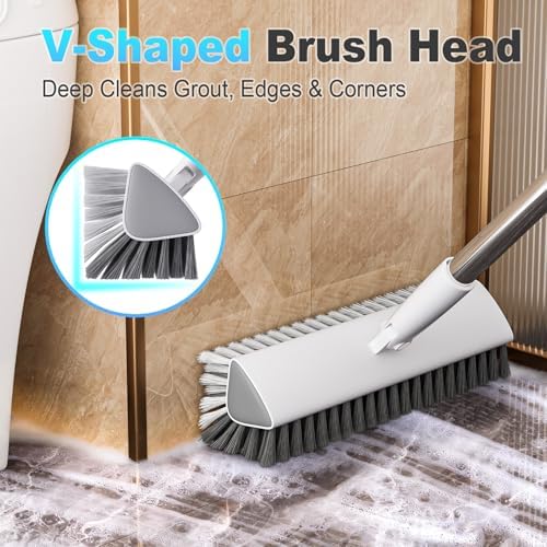 Floor Scrub Brush with Long Handle, Heavy-Duty Stiff Bristles, V-Shape Floor Scrubber Brush for Tile, Concrete & Grout Lines, Stand-Up Cleaning for Garage, Bathroom, Deck & Patio - Image 2