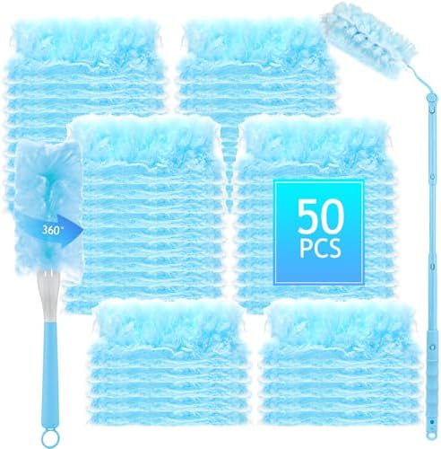 50 PCS Heavy Duty Duster Refills with Retractable Handle and Short Handle, Disposable Surface Duster Kit for Cleaning Dusting Furniture Blind Ceiling Fan (Blue) by Singhoow