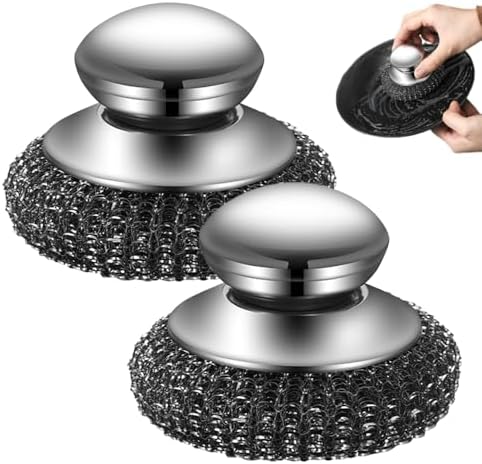 Steel Wool Scrubber with Handle, Upgrade Heavy Duty Stainless Steel Dish Scrubber for Cleaning Dishes, Iron Pots, Stoves, Kitchen Sink (2 pcs) by Rewdut