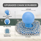 Cast Iron Scrubber with Pan Scraper, 316 Chainmail Scrubber, Blue - Image 4