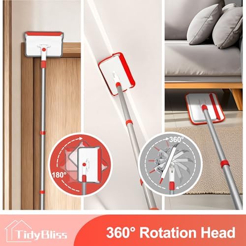 TidyBliss Baseboard Cleaner Tool with Handle, 55.9” Long Wall and Base Board Cleaning Mop, 4 Reusable Pads, 1 Stiff Bristle Scrubber Brush for Floorboard Ceiling Cabinet Window Bathroom Kitchen (Red) - Image 5