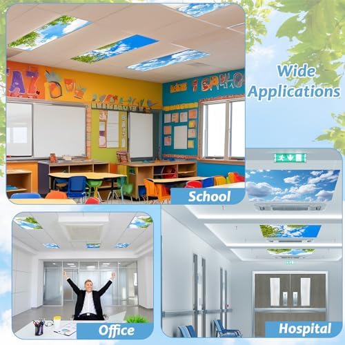 Wiooffen 4 Pcs Fluorescent Light Covers for Classroom Ceiling Lights 4 x 2 Feet Magnetic Light Covers Filter Easy Install for Office Hospitals Home Supplies (Trees Blue Sky Clouds) - Image 5