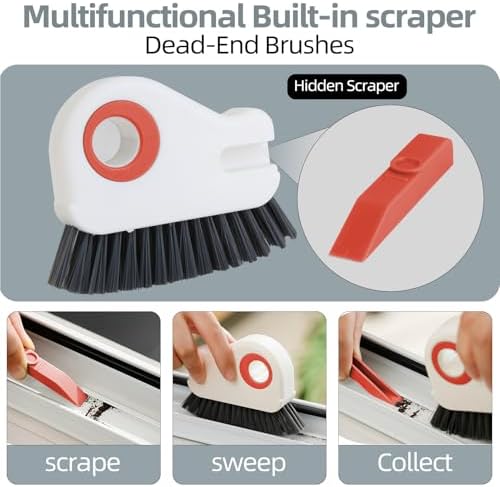 2 in 1 Groove Cleaning Brush, Grout Cleaner Tool & Multifunction Window Track Cleaner (with Hidden Scraper or Mini Dustpan) – for Glass Door Tracks, Window Sills, Sliding Doors (Orange + Grey) - Image 3