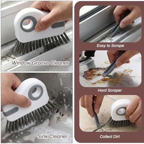 Qianyu 2 PCS Groove Cleaning Brush 2 in 1 Window Track Cleaning Tool Crevice Cleanings Brush Multifunction Hard Bristle with Hidden Scraper Grout Cleaner Grip Brushes for Slid Door Track Window Sill - Image 3