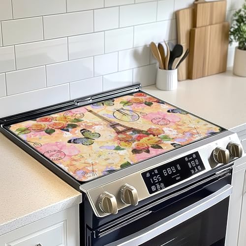 Vintage Eiffel Tower Stove Top Cover for Electric, Rose Butterfly Glass Ceramic Stove Cover, Heat Resistant Flat Stovetop Protector, Dish Drying Mats for Kitchen by Unknown