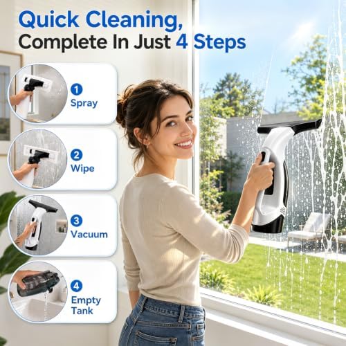 Window Vacuum Squeegee Cordless, 2000Pa Electric Window Cleaner Tool, 150ml Tank, 2200mAh Electric Window Glass Squeegee 280mm Wide Blade, 150ml Tank, Window Cleaning Kit for Glass Mirror Tile Car - Image 2