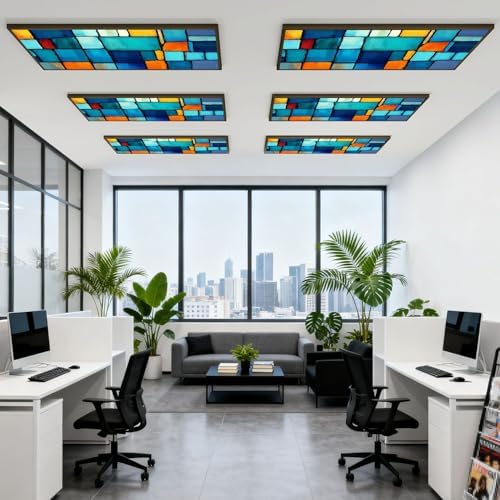 6 Pcs Fluorescent Light Covers for Ceiling Lights Colorful stained glass window Abstract stained glass Art Nouveau Magnetic Decorative Shade Filters 4x2 ft for Classroom Office Hospital Decor - Image 6