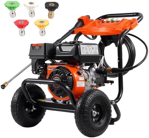 VEVOR Gas Pressure Washer, 3500 PSI 2.6 GPM, Gas Powered Pressure Washer with Aluminum Pump, Spray Gun and Extension Wand, 5 Nozzle Set, for Cars, Fences, Homes, Driveways, Patios Furniture Horizontal by VEVOR