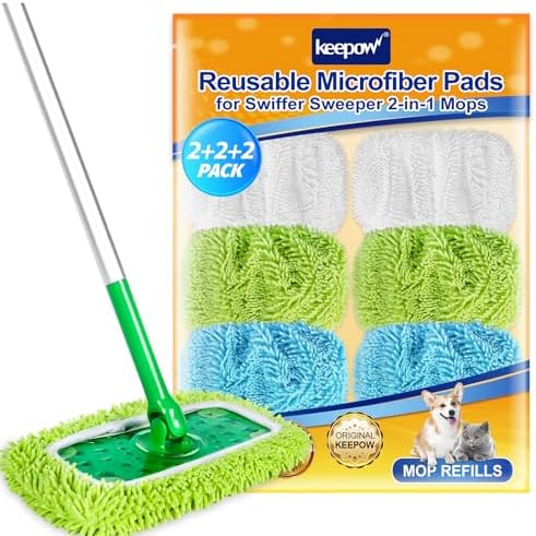 KEEPOW 6 Pack Reusable Microfiber Mop Pads Compatible with Swiffer Sweeper by KEEPOW