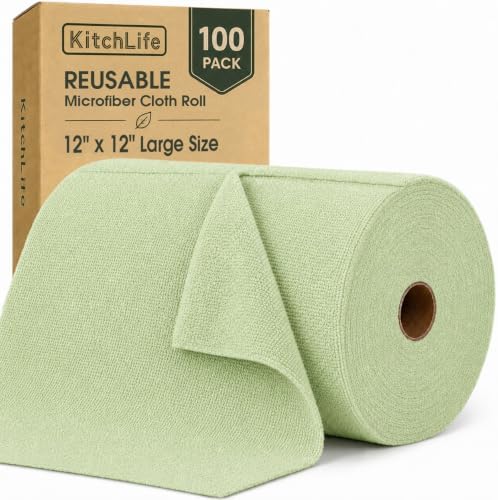 Microfiber Cleaning Cloth Roll, 100 Pack 12 x 12 Inch Tear Away Reusable Paper Towels, Thick Cleaning Towels, Absorbent Lint Free Washable Rags for Kitchen, Car, Garage and Workshop - Bean Green by OverDoorHooksKitchenSupplies