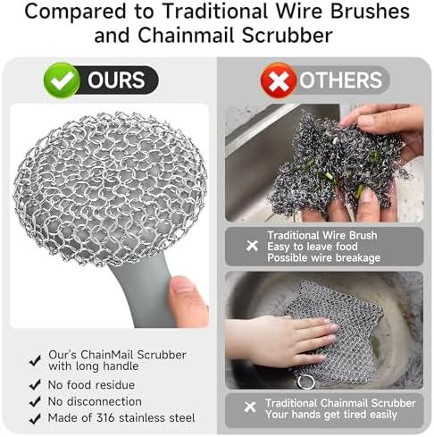 SUBEKYU Cast Iron Scrubber with Silicone Handle, Stainless Steel Skillet Cleaner for Cast Iron Pans (Gray Scrubber + Scraper) - Image 3