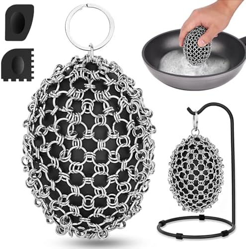 Cast Iron Scrubber Chainmail Set – 316 Stainless Steel Dish Scrub Brush for Cast Iron Skillet Pan Cleaner, Dutch Oven, Wok & Non-Stick Cookware | Dishwasher Safe – Black Double Ring by Unknown