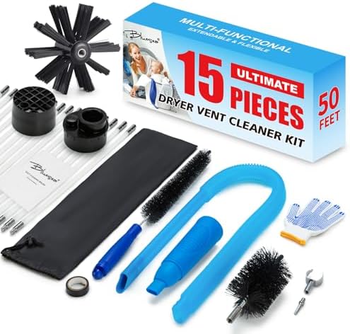BLuesea Dryer Vent Cleaner Kit, 15-Piece Ultimate Dryer Cleaning Kit Include 50 Feet Dryer Vent Brush, Upgrade Noiseless Dryer Lint Vacuum Attachment, Lint Trap Brush, Vacuum & Dryer Adapters by Bluesea