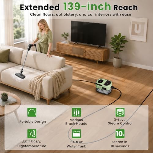 Handheld Steam Cleaner for Home, 15s Heat Up, 1.69 QT Tank, 3 Steam Levels - Image 4