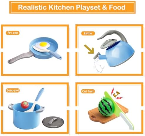 90Pcs Kitchen Playset Accessories, Pretend Cooking with Pots, Pans, Cookware, Food, Fruit, Veges, Color Sorting Baskets, Prop Money, Learning Gift for Girls Boys Toddlers (Blue) - Image 4