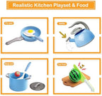 90Pcs Kitchen Playset Accessories, Pretend Cooking with Pots, Pans, Cookware, Food, Fruit, Veges, Color Sorting Baskets, Prop Money, Learning Gift for Girls Boys Toddlers (Blue) - Image 4