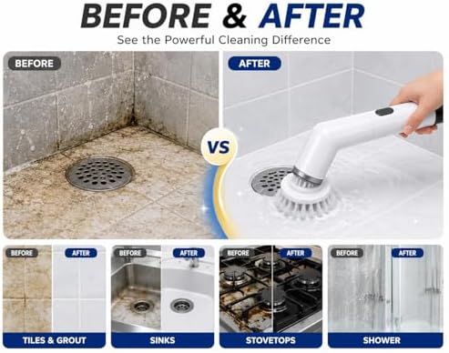Electric Spin Scrubber Cordless Cleaning Brush, USB Rechargeable Power Scrubber for Bathroom, Kitchen, Tile, Grout, Sink & Shower Cleaning, 4 Replaceable Brush Heads, Portable Handheld Cleaning Tool - Image 6