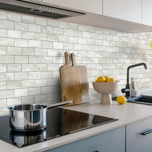 STICKGOO 20-Sheet Subway Tile Peel and Stick Backsplash - Beige Stone Texture With Grey Grout for Kitchen, Bathroom, RV, Fireplace - PVC Wall Tiles - Image 2