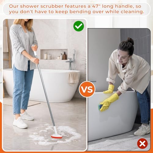 Bathtub Scrubber with Long Handle - Shower Scrub Brush with 8 Replacement Scouring Pads, Bathroom Cleaning Brush for Tub, Tile, Floor - Image 6
