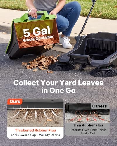 VEVOR Walk-Behind Hand Push Floor Sweeper, Manual Floor Sweeper Non-Electric with 25.6" Sweeping Width, 5 Gallons Waste Container & Adjustable Folding Handle for Yards Walkways Patios Garages - Green - Image 4