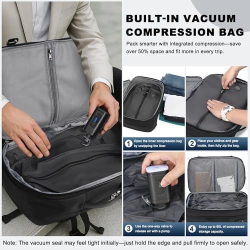 POSO Vacuum Backpack Travel, 60L Expandable Vacuum Seal Backpack with Pump & Laptop Compartment (Fits 17") - Image 4