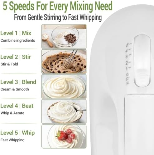 WEPSEN 5-Speed Electric Hand Mixer, 4 Large Mixing Bowls Set, Handheld Mixers with Whisks Beater, Stainless Steel Metal Nesting Bowl Measuring Cups Spoons Kitchen Cake Blender for Baking Supplies - Image 5