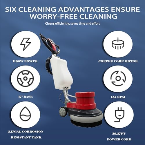 1100W Red Floor Polisher Commercial Floor Cleaner Polishing Machine Carpet Buffer Scrubber with 3gal Water Tank and 17" Base 154Rpm AC110V - Image 3