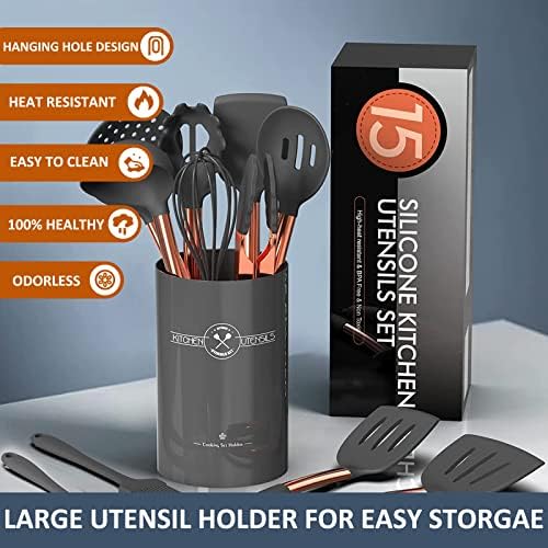 Silicone Cooking Utensil Set, Umite Chef Kitchen Utensils 15pcs Cooking Utensils Set Non-stick Silicone Rose Gold Handle Cooking Tools Whisk Kitchen Tools Set -Grey - Image 5