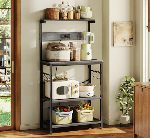 SUPERJARE Kitchen Bakers Rack with Power Outlet, Coffee Bar Table 4 Tiers, Kitchen Microwave Stand with 6 S-Shaped Hooks, Storage Shelf Rack for Spices, Pots and Pans - Charcoal Gray - Image 2