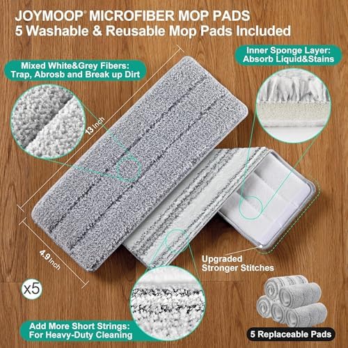 JOYMOOP Flat Mop System, Microfiber Mop and Bucket Set, White, Household & Commercial Floor Cleaning Mop with Long Handle, Wet & Dry Cleaning for Hardwood Floors, Includes 5 Pads - Image 5
