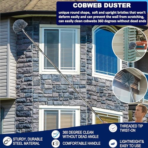 20+ Feet High Reach Duster Kit with 3-14 ft Extension Pole for Cleaning Fan, Spider Web, High Ceiling, Blinds, Furniture, Cars - Cobweb Microfiber Duster // Outdoor & Indoor Extendable Duster - Image 4